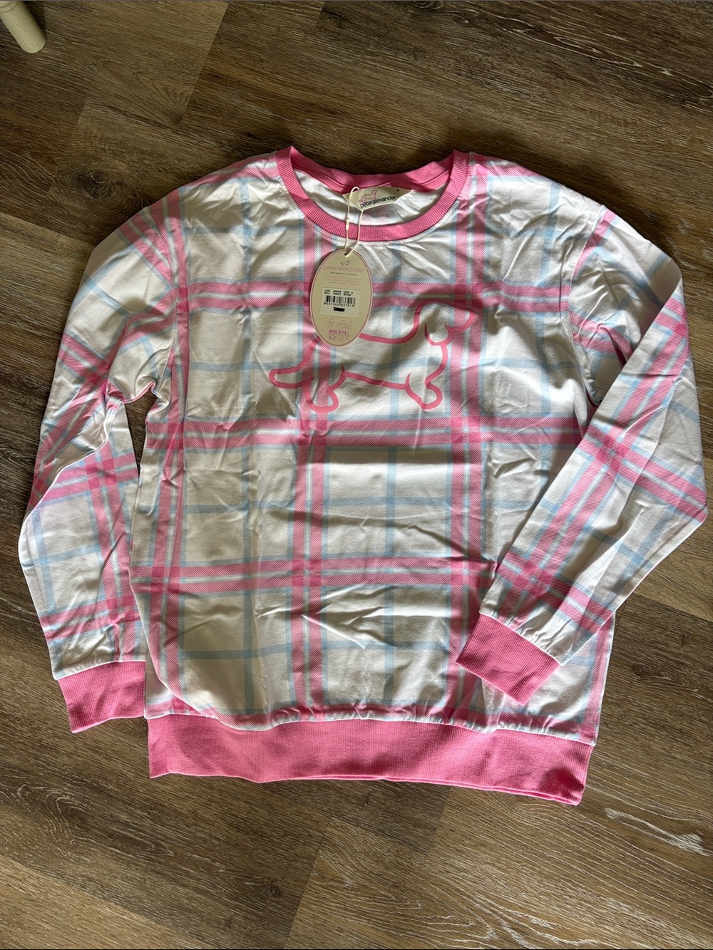 Pink & White Plaid Long Sleeve Shirt with Dog Motif